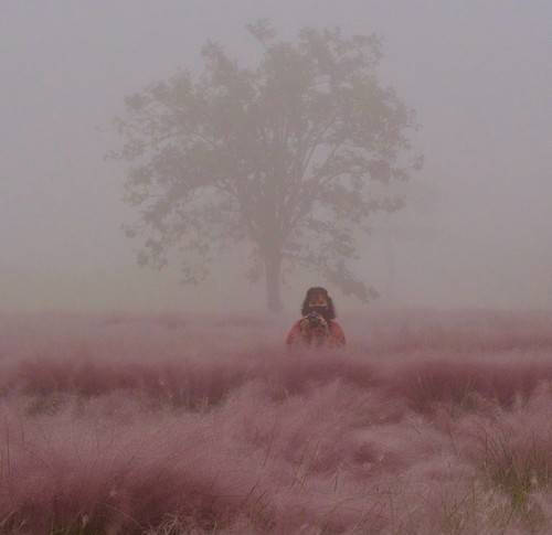 Alumna Angel Bista in a pink, foggy meadow